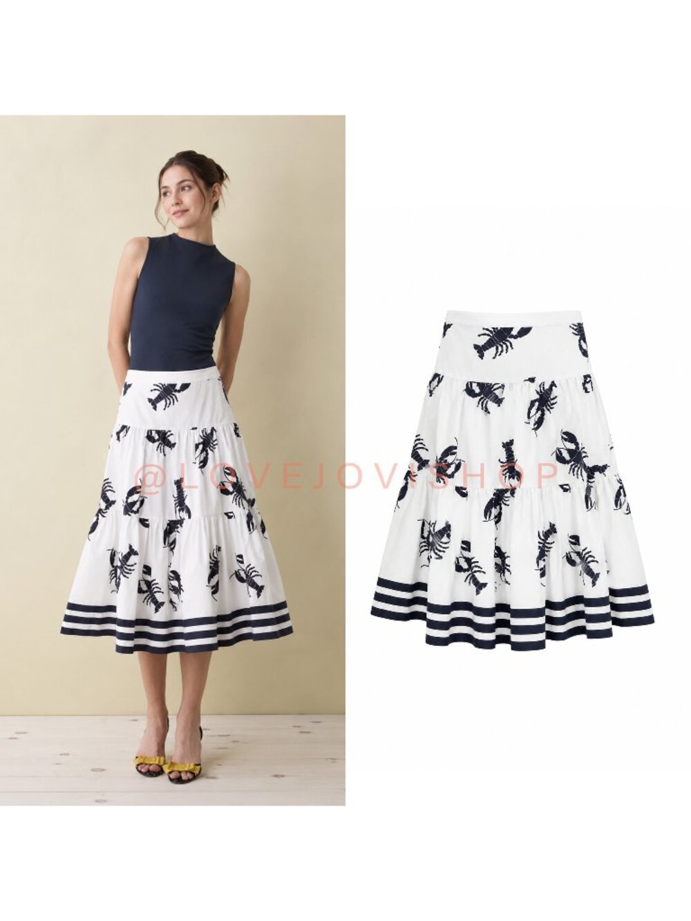 Skirt | J. Crew Lobster Print A-Line Midi Skirt | Summer Coastal Preppy | Cotton